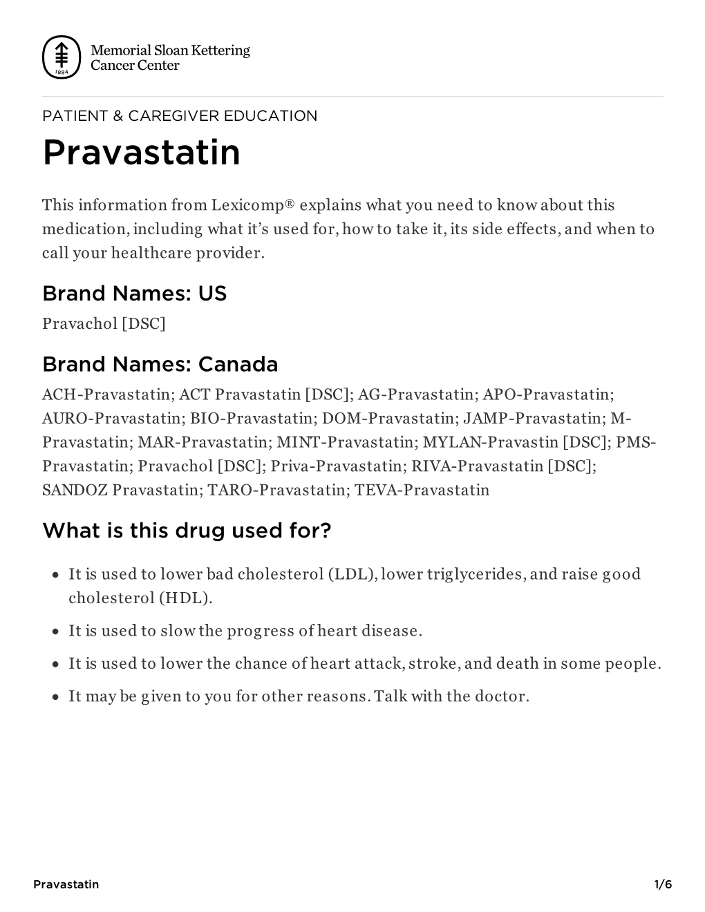 Pravastatin | Memorial Sloan Kettering Cancer Center