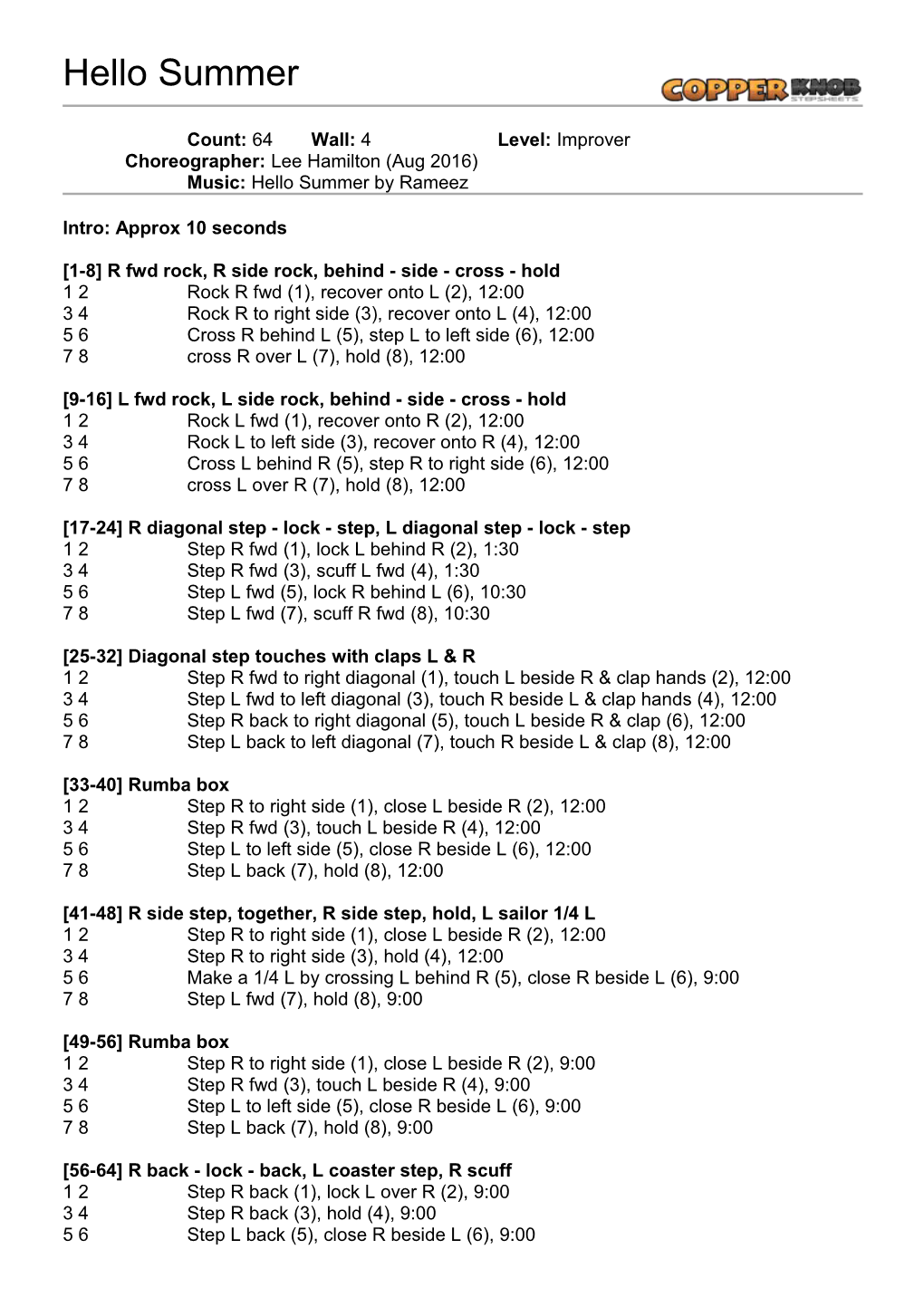 Copperknob - Linedance Stepsheets - Hello Summer