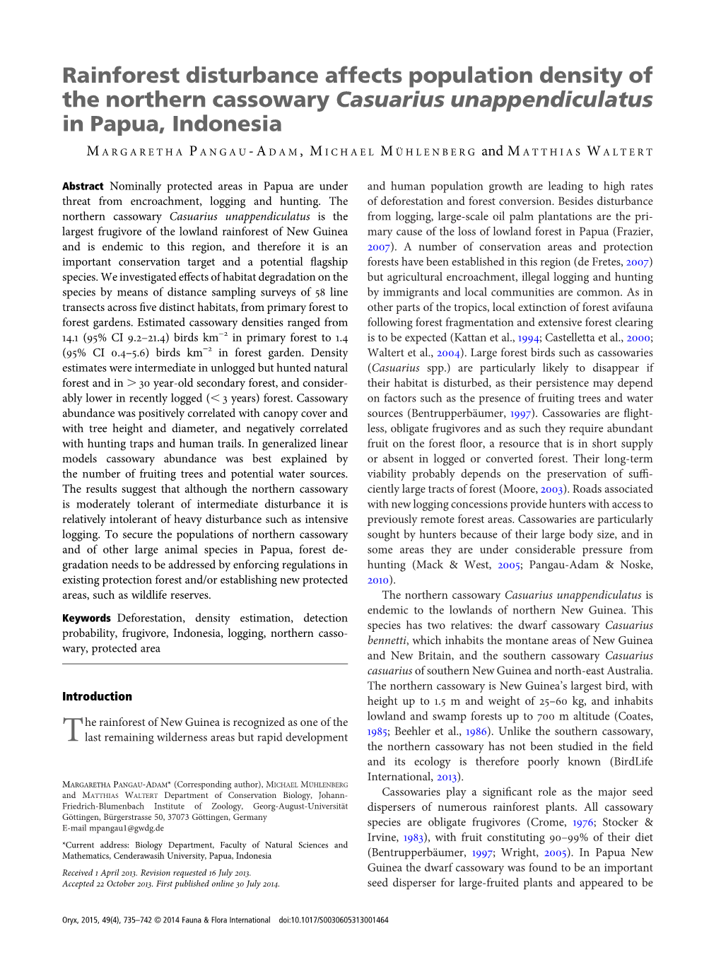 Rainforest Disturbance Affects Population Density of the Northern Cassowary Casuarius Unappendiculatus in Papua, Indonesia