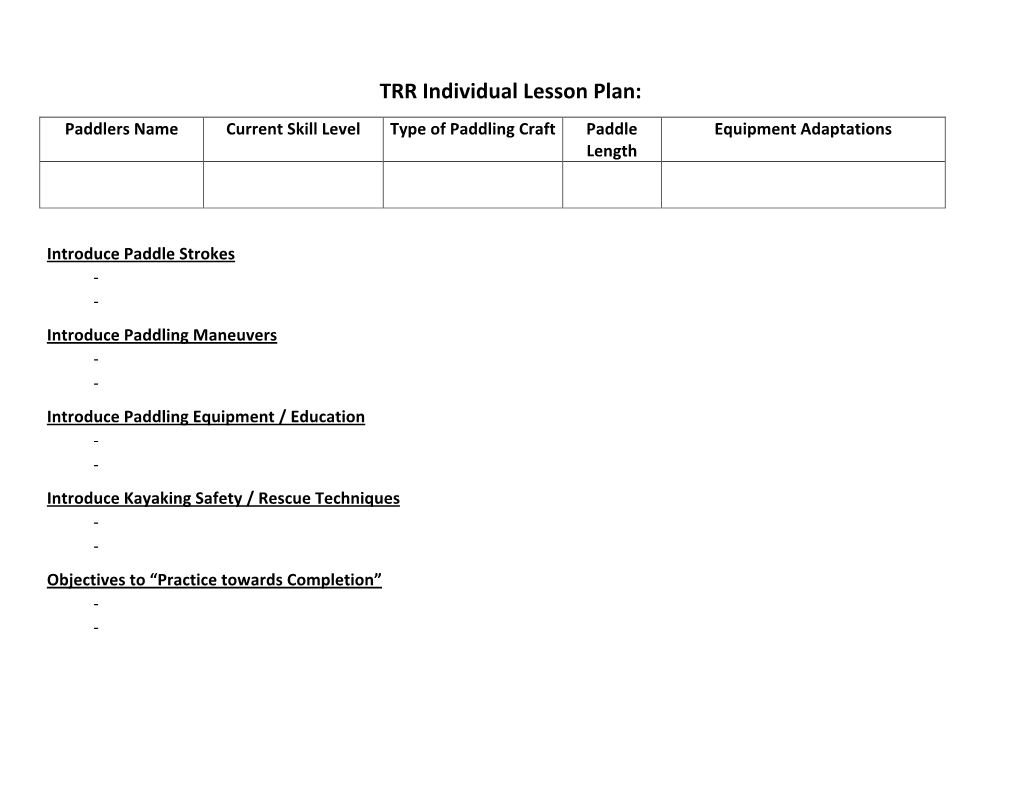 TRR Individual Lesson Plan: Paddlers Name Current Skill Level Type of Paddling Craft Paddle Equipment Adaptations Length