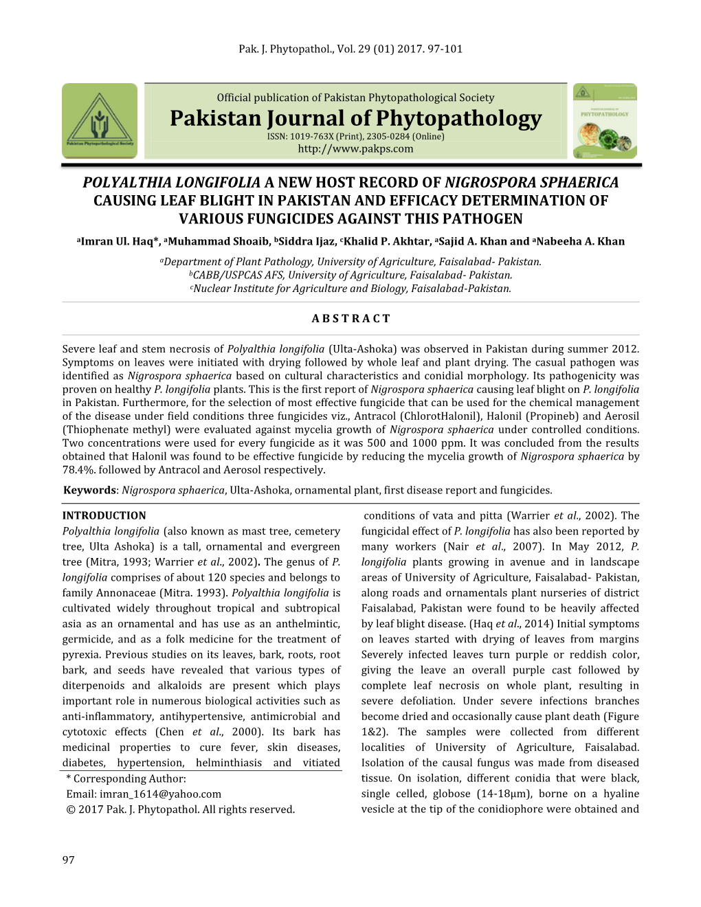 Pakistan Journal of Phytopathology ISSN: 1019-763X (Print), 2305-0284 (Online)