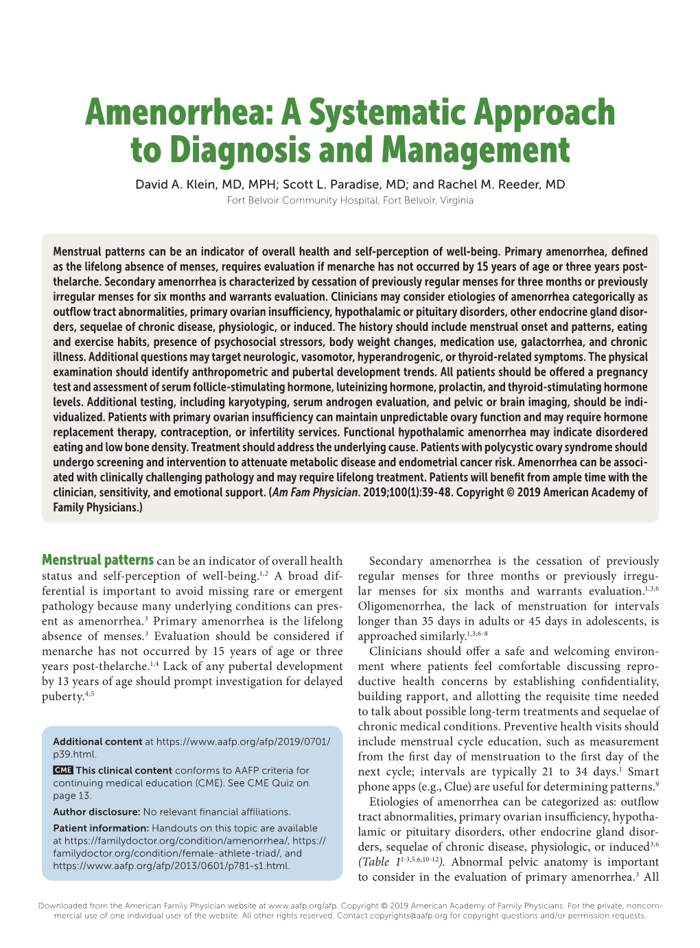 Amenorrhea:​ a Systematic Approach to Diagnosis and Management David A