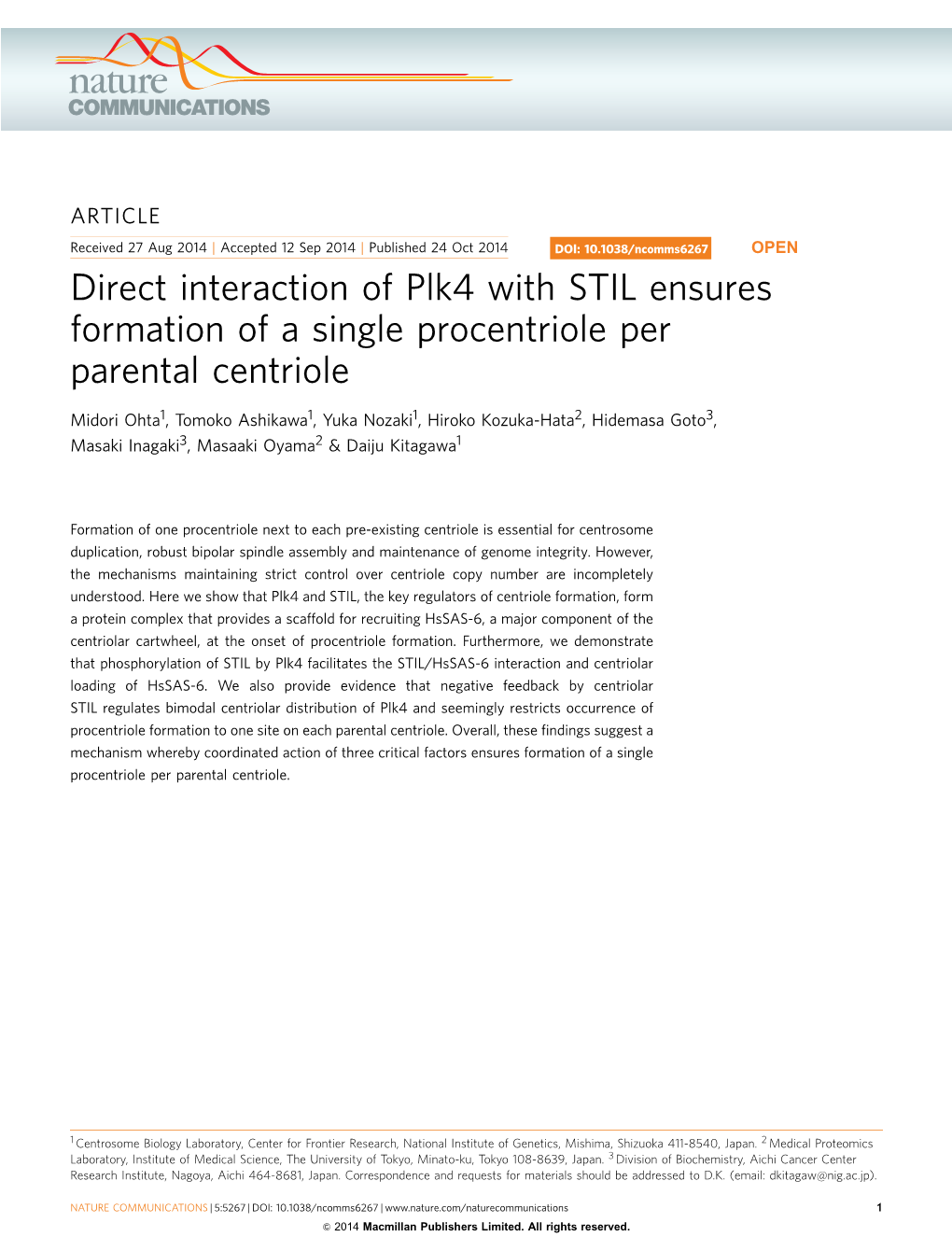 Direct Interaction of Plk4 with STIL Ensures Formation of a Single Procentriole Per Parental Centriole