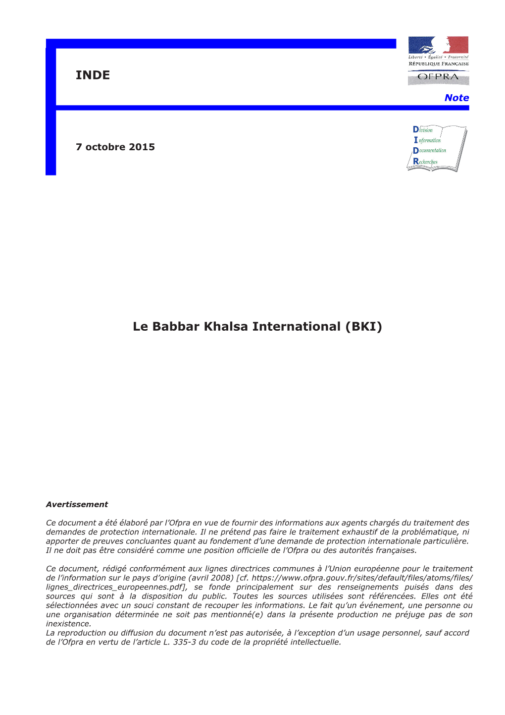 DIDR, Inde : Le Babbar Khalsa International (BKI), Ofpra, 07/10/2015