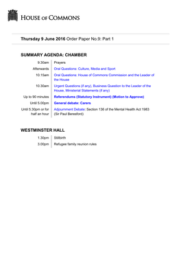 Thursday 9 June 2016 Order Paper No.9: Part 1 SUMMARY AGENDA