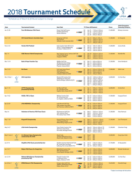 *Schedule As of March 9, 2018 and Subject to Change Denotes Major Championship