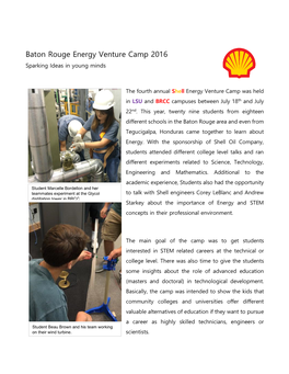 Baton Rouge Energy Venture Camp 2016 Sparking Ideas in Young Minds