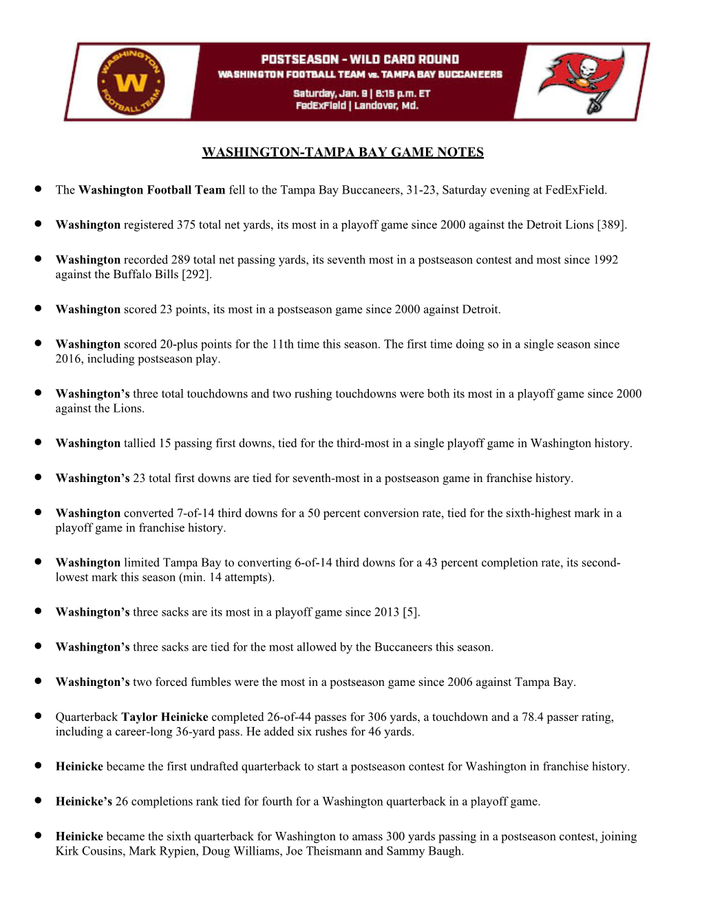 Washington-Tampa Bay Game Notes