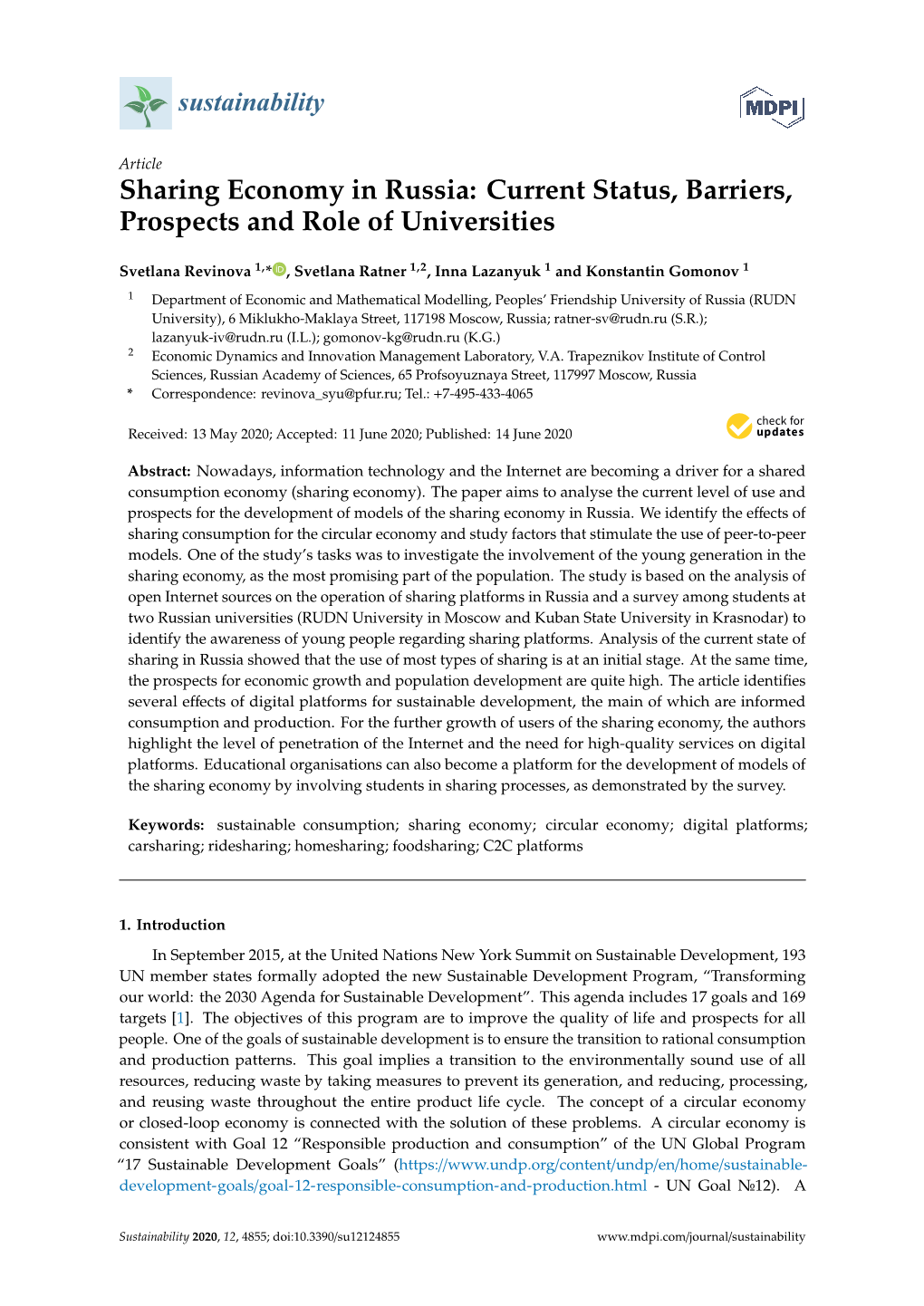 Sharing Economy in Russia: Current Status, Barriers, Prospects and Role of Universities