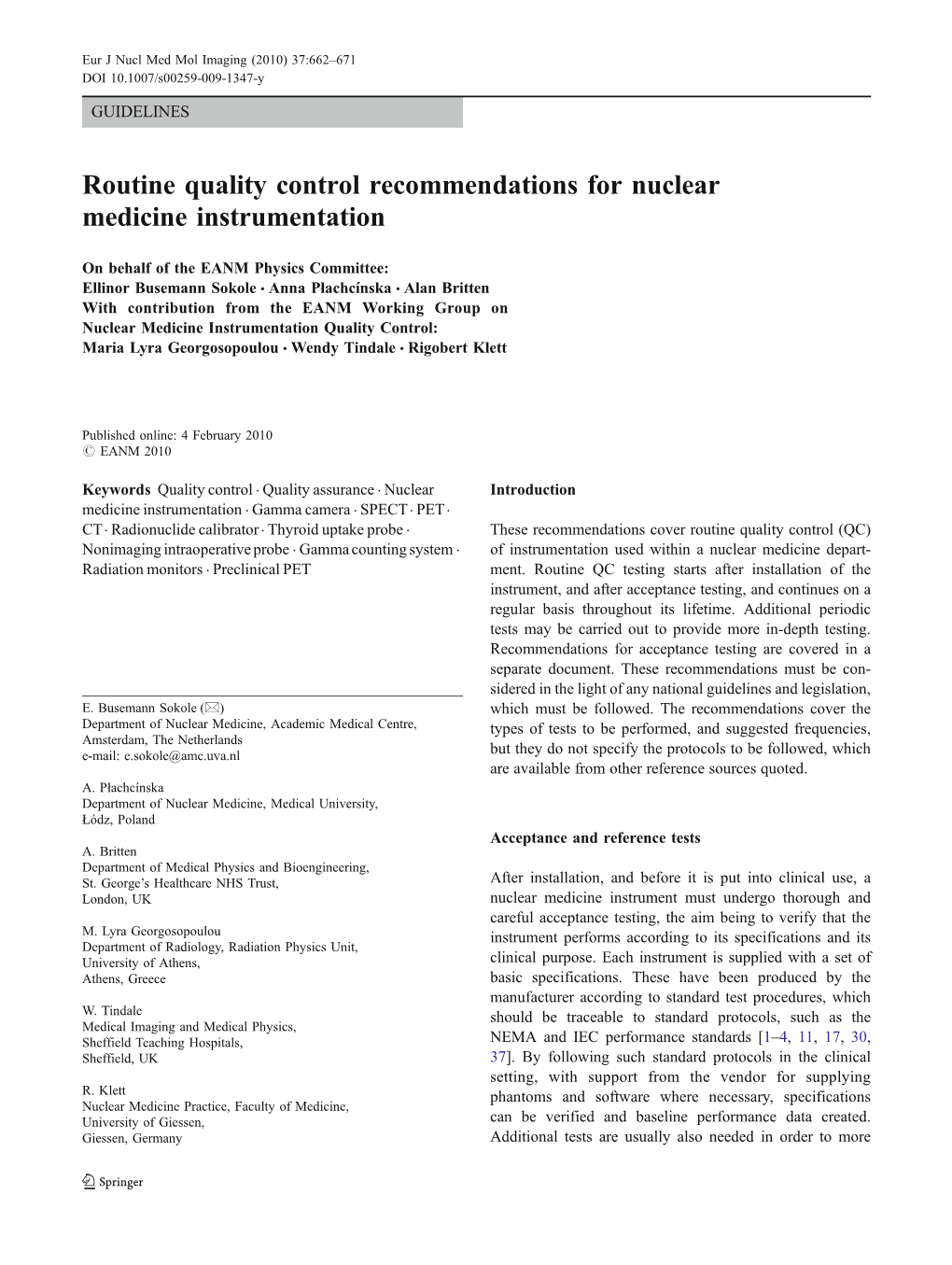 EANM Guidelins on Routine Quality Control Recommendations for Nuclear