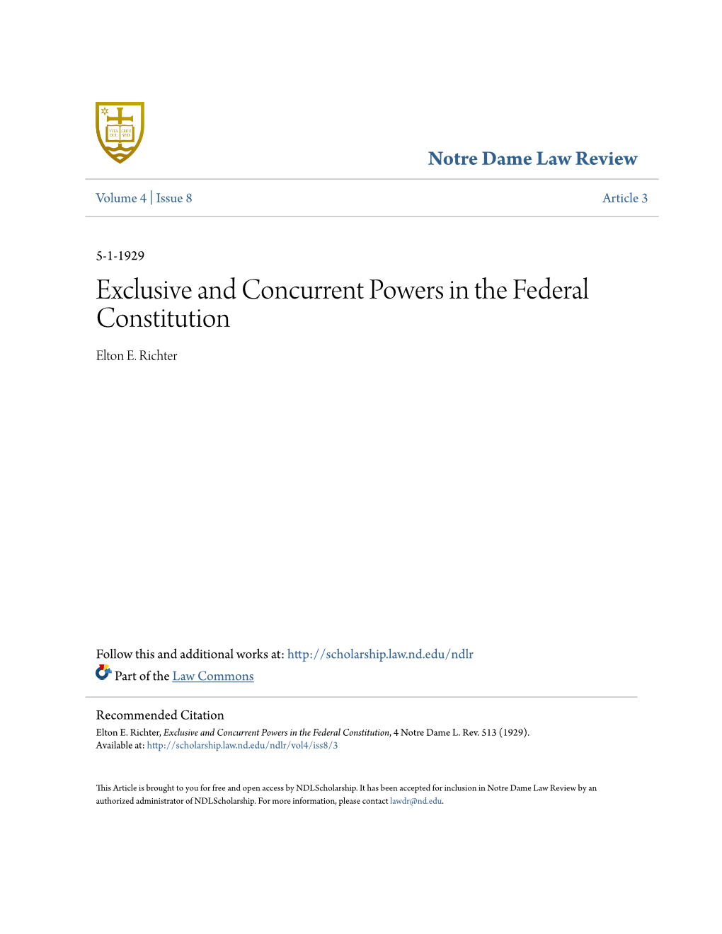 Exclusive and Concurrent Powers in the Federal Constitution Elton E