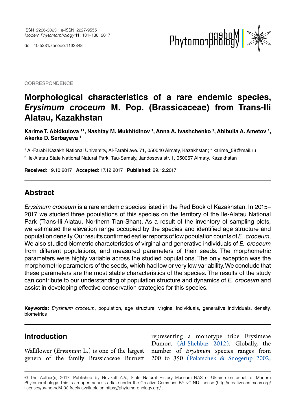 Morphological Characteristics of a Rare Endemic Species, Erysimum Croceum M