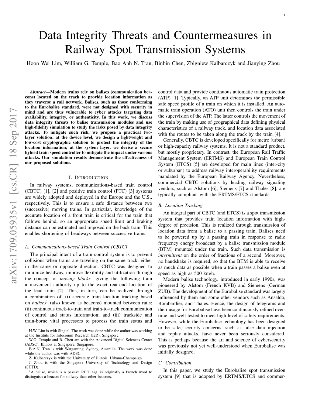 Data Integrity Threats and Countermeasures in Railway Spot Transmission Systems Hoon Wei Lim, William G