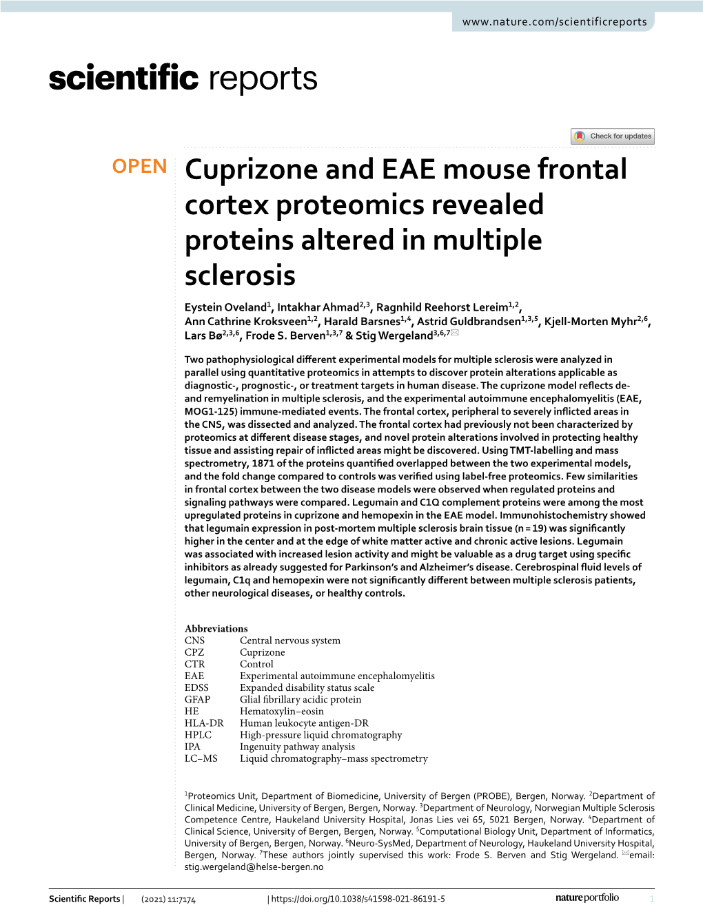 Cuprizone and EAE Mouse Frontal Cortex Proteomics Revealed Proteins