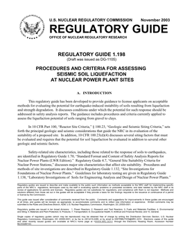 Regulatory Guide 1.198 "Procedures and Criteria for Assessing Seismic Soil Liquefaction at Nuclear Power Plant Sites (DG-11