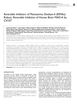 Reversible Inhibitors of Monoamine Oxidase-A (Rimas): Robust, Reversible Inhibition of Human Brain MAO-A by CX157