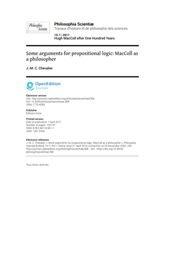 Some Arguments for Propositional Logic: Maccoll As a Philosopher