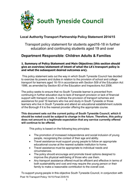 Transport Policy Statement for Students Aged16-18 in Further Education and Continuing Students Aged 19 and Over