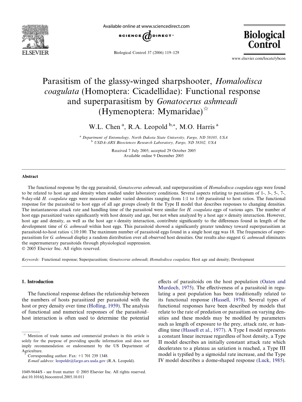 Parasitism of the Glassy-Winged Sharpshooter, Homalodisca Coagulata