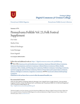 Pennsylvania Folklife Vol. 23, Folk Festival Supplement Don Yoder
