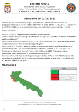 03/08/2021 Previsione Dei Fattori Meteorologici E Ambientali Che Concorrono Al Rischio Di Propagazione Degli Incendi Su Scala Comunale Ai Sensi Della L.R