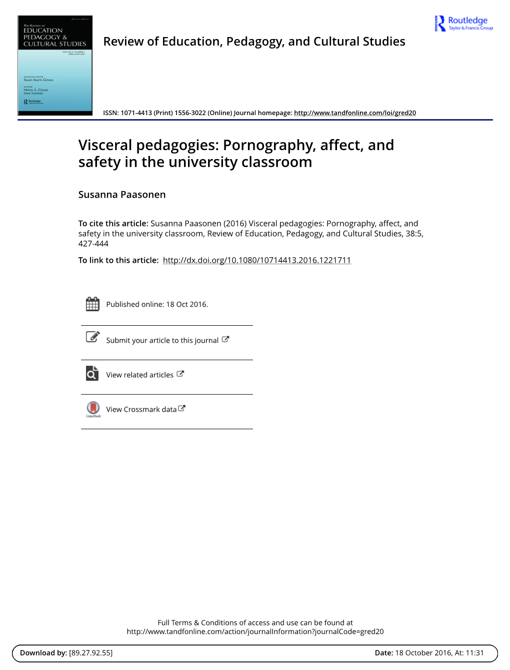 Visceral Pedagogies: Pornography, Affect, and Safety in the University Classroom