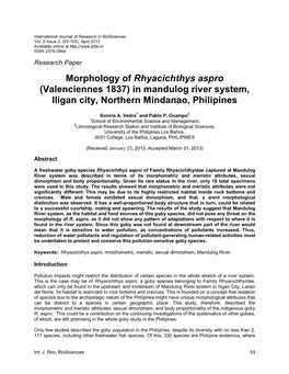 Morphology of Rhyacichthys Aspro (Valenciennes 1837) in Mandulog River System, Iligan City, Northern Mindanao, Philipines