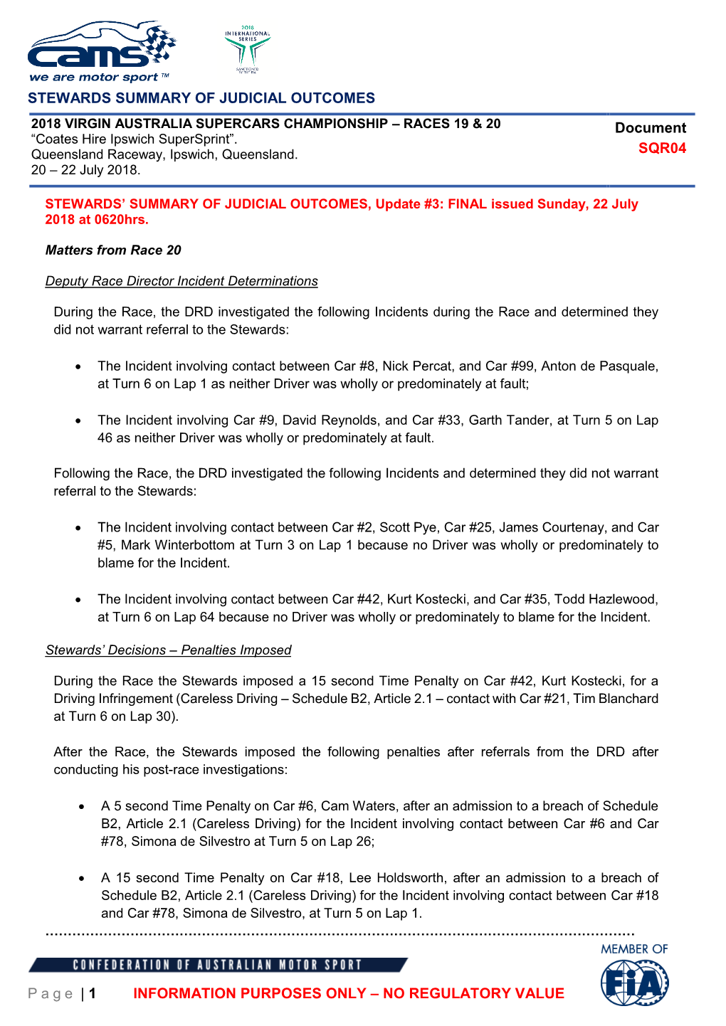 STEWARDS SUMMARY of JUDICIAL OUTCOMES Page