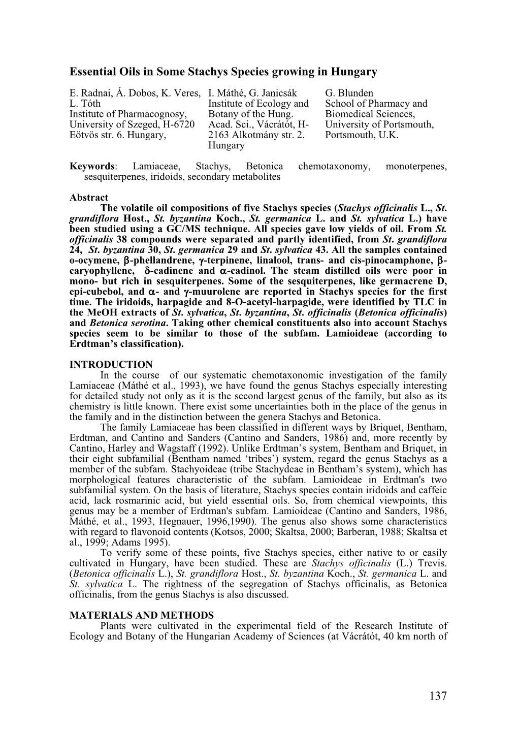 137 Essential Oils in Some Stachys Species Growing in Hungary