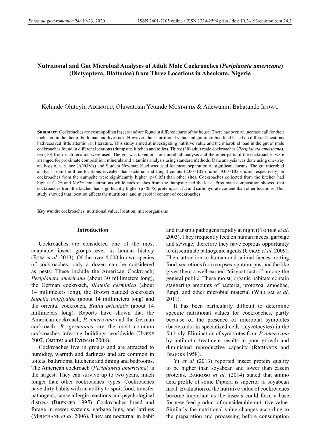 Nutritional and Gut Microbial Analyses of Adult Male Cockroaches (Periplaneta Americana) (Dictyoptera, Blattodea) from Three Locations in Abeokuta, Nigeria