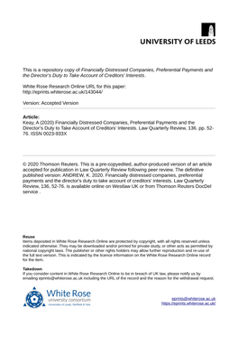 Financially Distressed Companies, Preferential Payments and the Director’S Duty to Take Account of Creditors’ Interests