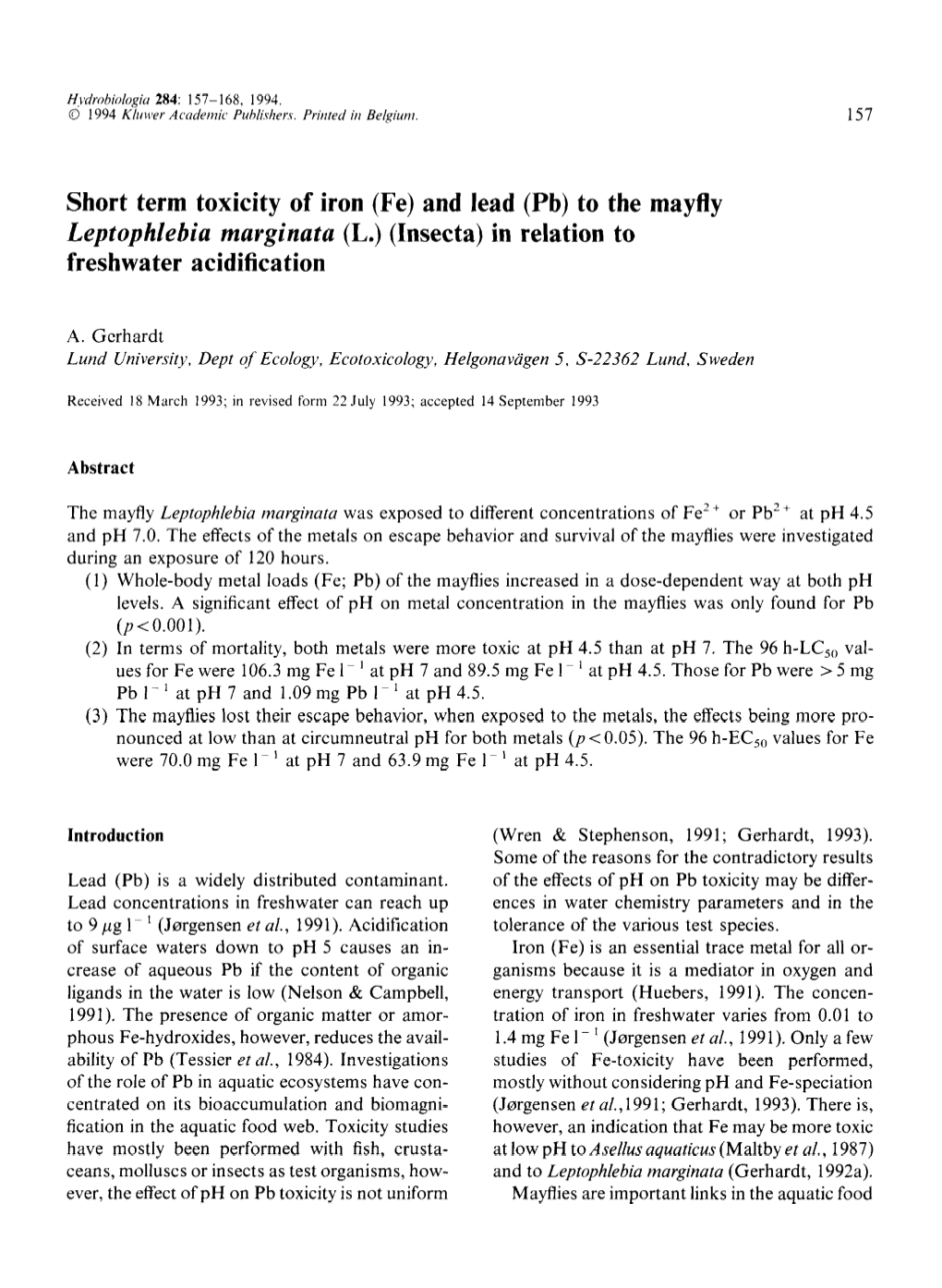 Short Term Toxicity of Iron (Fe) and Lead (Pb) to the Mayfly Leptophlebiu Marginata (L.) (Insecta) in Relation to Freshwater Acidification
