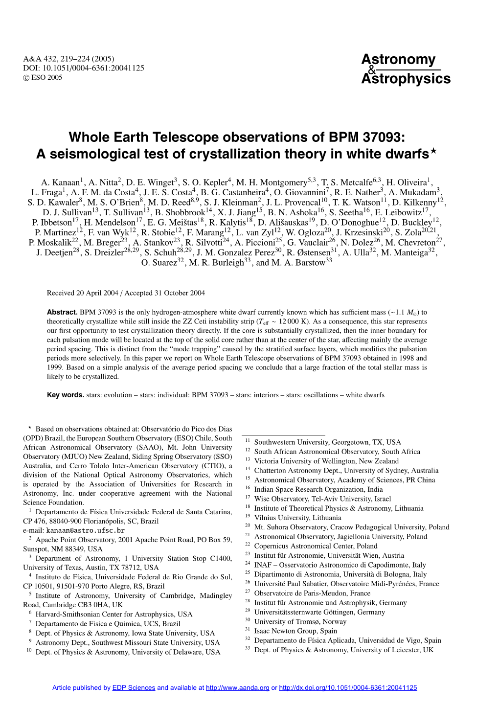 Whole Earth Telescope Observations of BPM 37093: a Seismological Test of Crystallization Theory in White Dwarfs