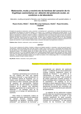 Maduración, Muda Y Crecimiento De Hembras Del Camarón De Río Cryphiops Caementarius Con Ablación Del Pedúnculo Ocular, En Condiciones De Laboratorio