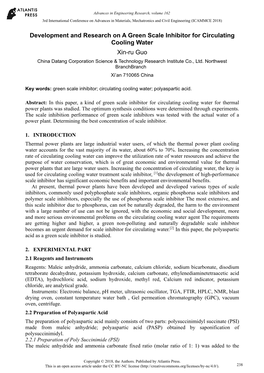 Development and Research on a Green Scale Inhibitor for Circulating Cooling Water Xin-Ru Guo China Datang Corporation Science & Technology Research Institute Co., Ltd