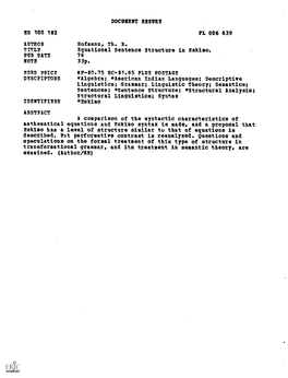 Equational Sentence Structure in Eskimo. PUB DATE 74 NOTE 33P
