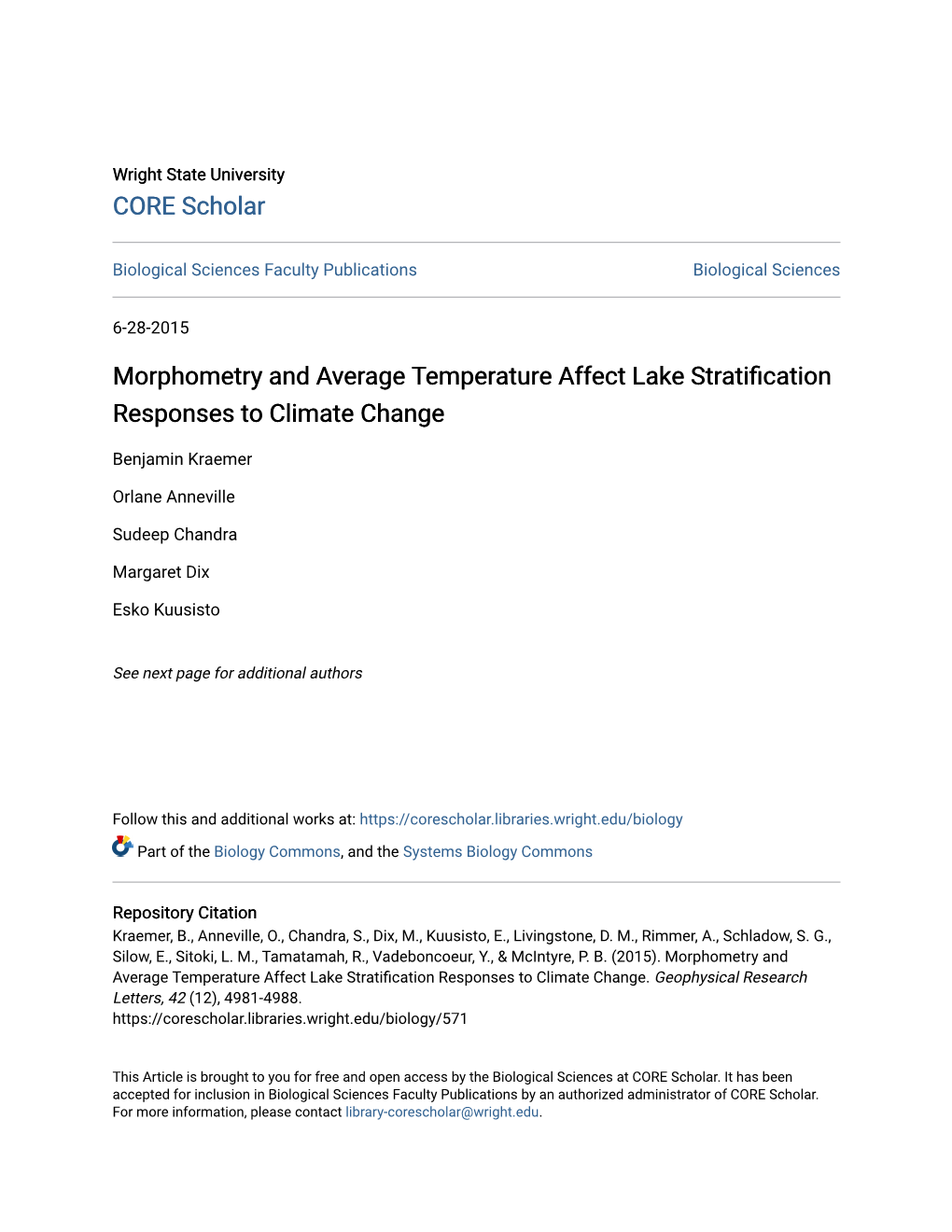 Morphometry and Average Temperature Affect Lake Stratification Responses to Climate Change