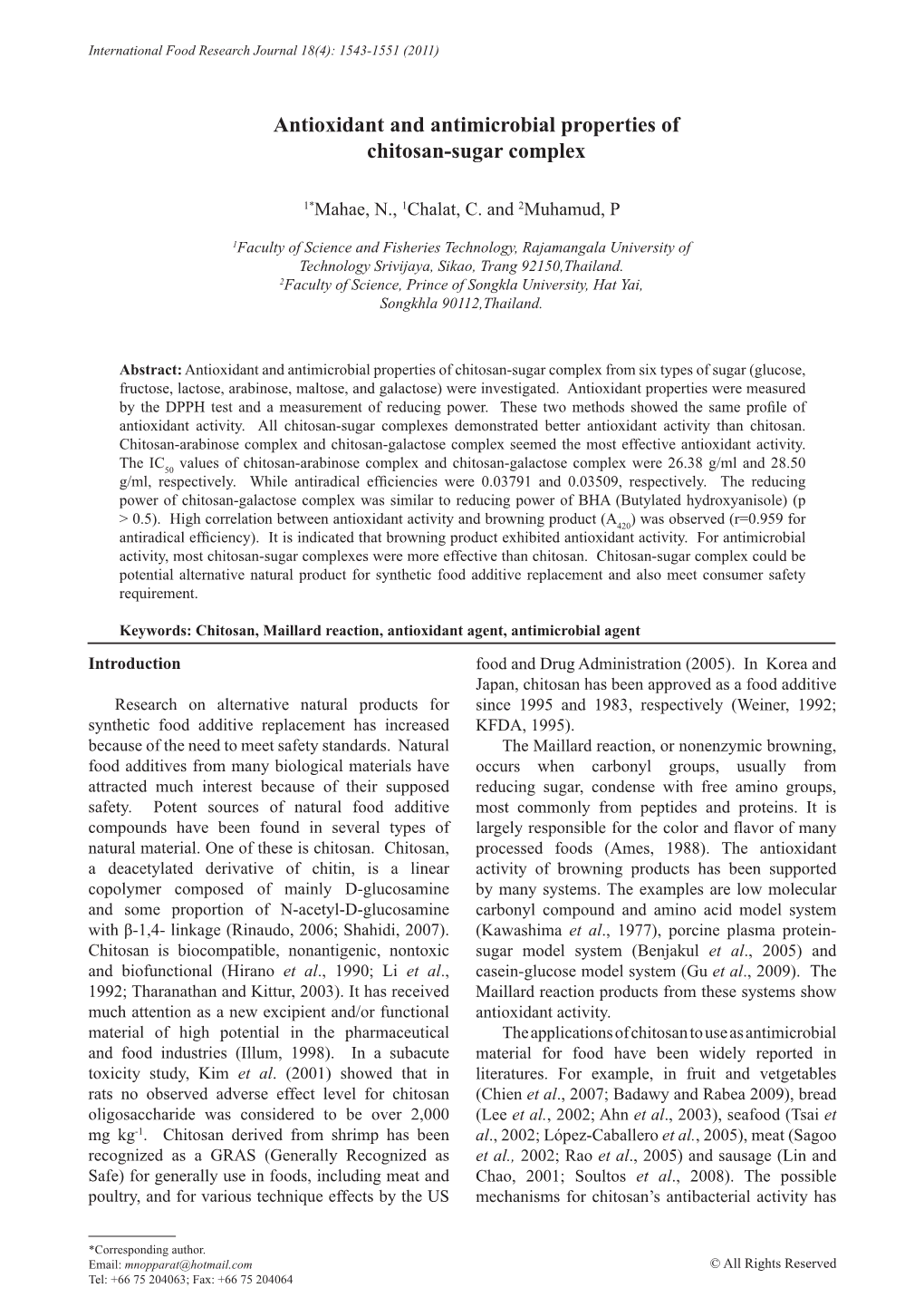 Antioxidant and Antimicrobial Properties of Chitosan-Sugar Complex