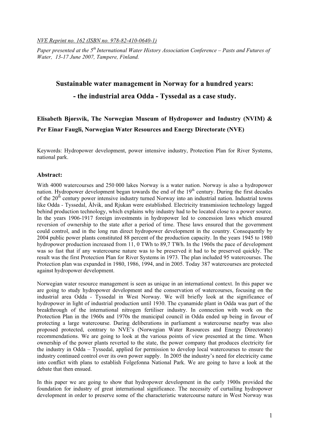 Sustainable Water Management in Norway for a Hundred Years: - the Industrial Area Odda - Tyssedal As a Case Study