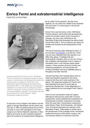 Enrico Fermi and Extraterrestrial Intelligence 8 April 2015, by Paul Patton