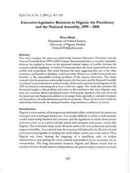 Executive-Legislative Relations in Nigeria: the Presidency and the National Assembly, 1999 - 2006