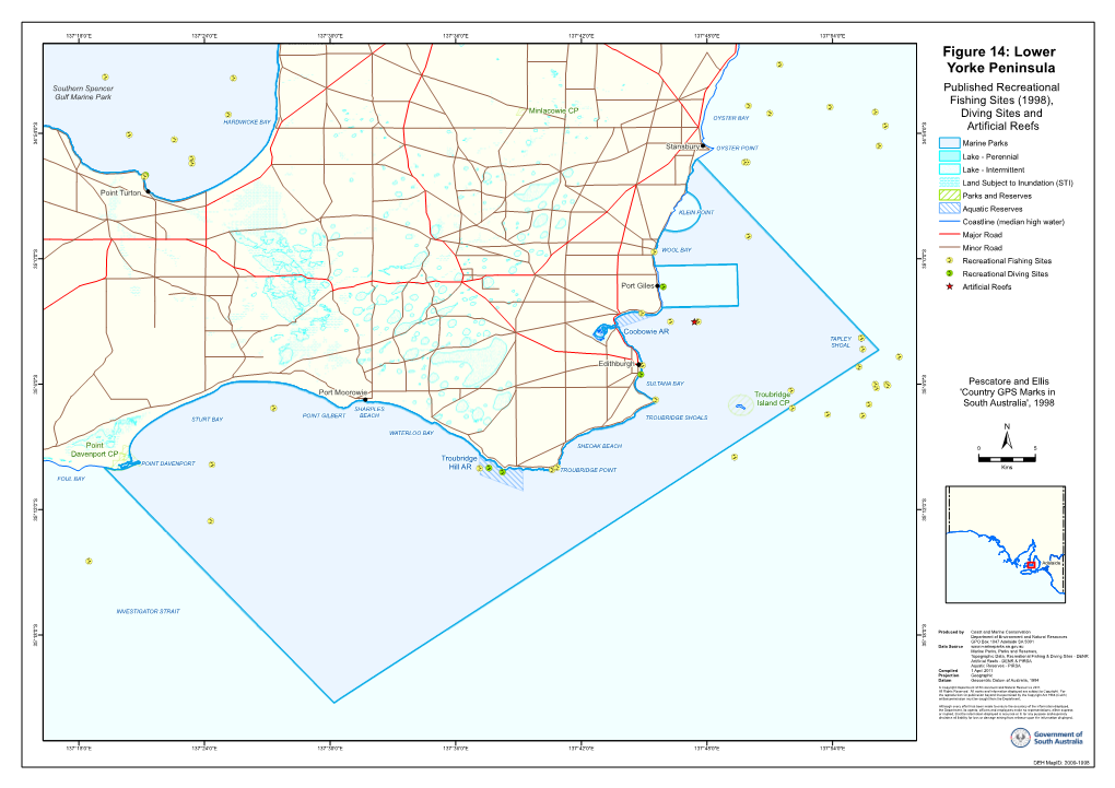 Figure 14: Lower Yorke Peninsula Southern Spencer Published Recreational Gulf Marine Park Fishing Sites (1998), Minlacowie CP OYSTER BAY Diving Sites And