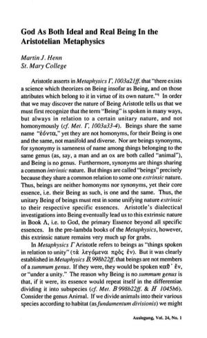 God As Both Ideal and Real Being in the Aristotelian Metaphysics