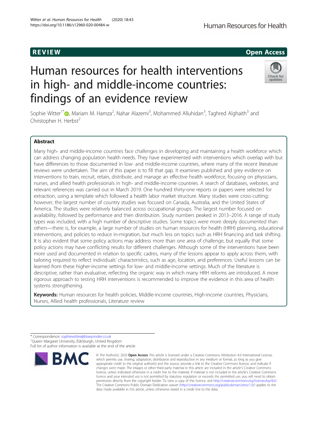 And Middle-Income Countries: Findings of an Evidence Review Sophie Witter1* , Mariam M