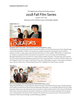 2018 Fall Film Series 7:30 Pm, in ILC 130 Admission Is Free | All Films Shown with English Subtitles