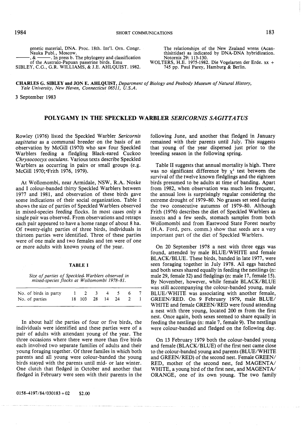 1984 183 Polygamy in the Speckled Warbler