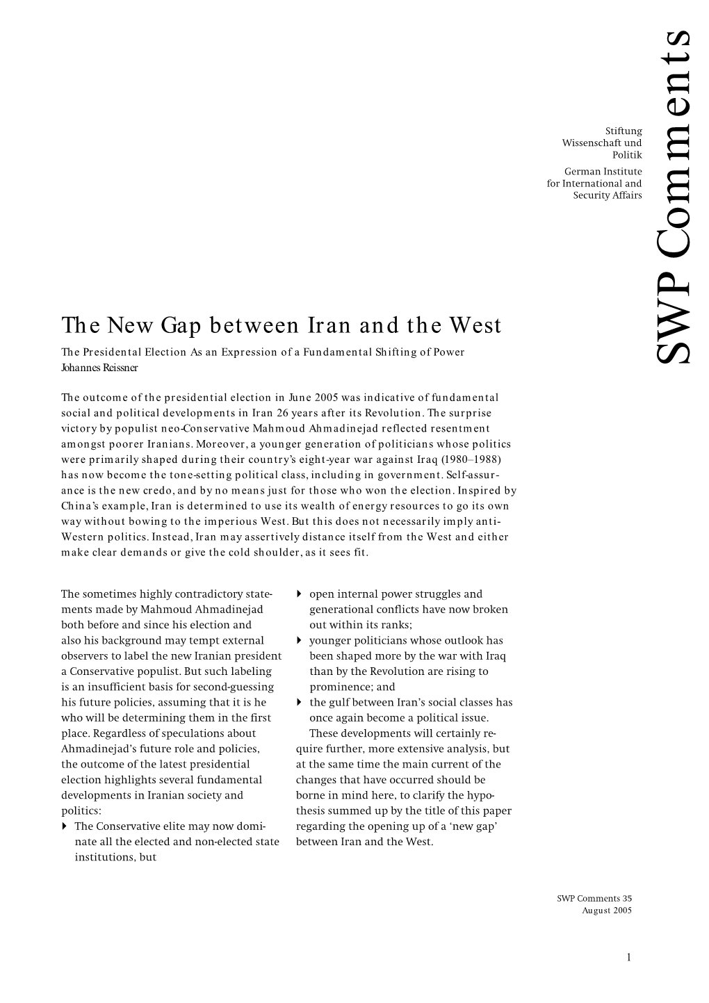 The New Gap Between Iran and the West the Presidental Election As an Expression of a Fundamental Shifting of Power