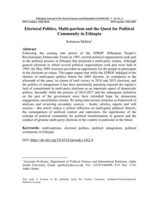 Electoral Politics, Multi-Partism and the Quest for Political Community in Ethiopia