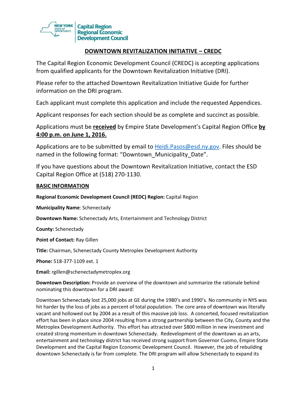 CREDC the Capital Region Economic Development Council (CREDC) Is Accepting Applications from Qualified Applicants for the Downtown Revitalization Initiative (DRI)