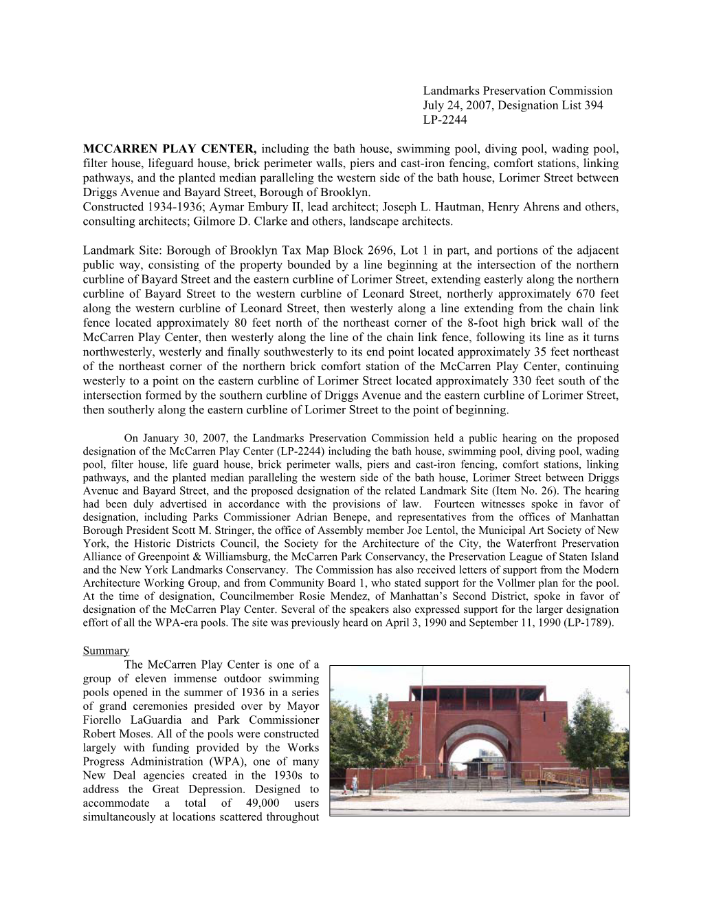 Landmarks Preservation Commission July 24, 2007, Designation List 394 LP-2244